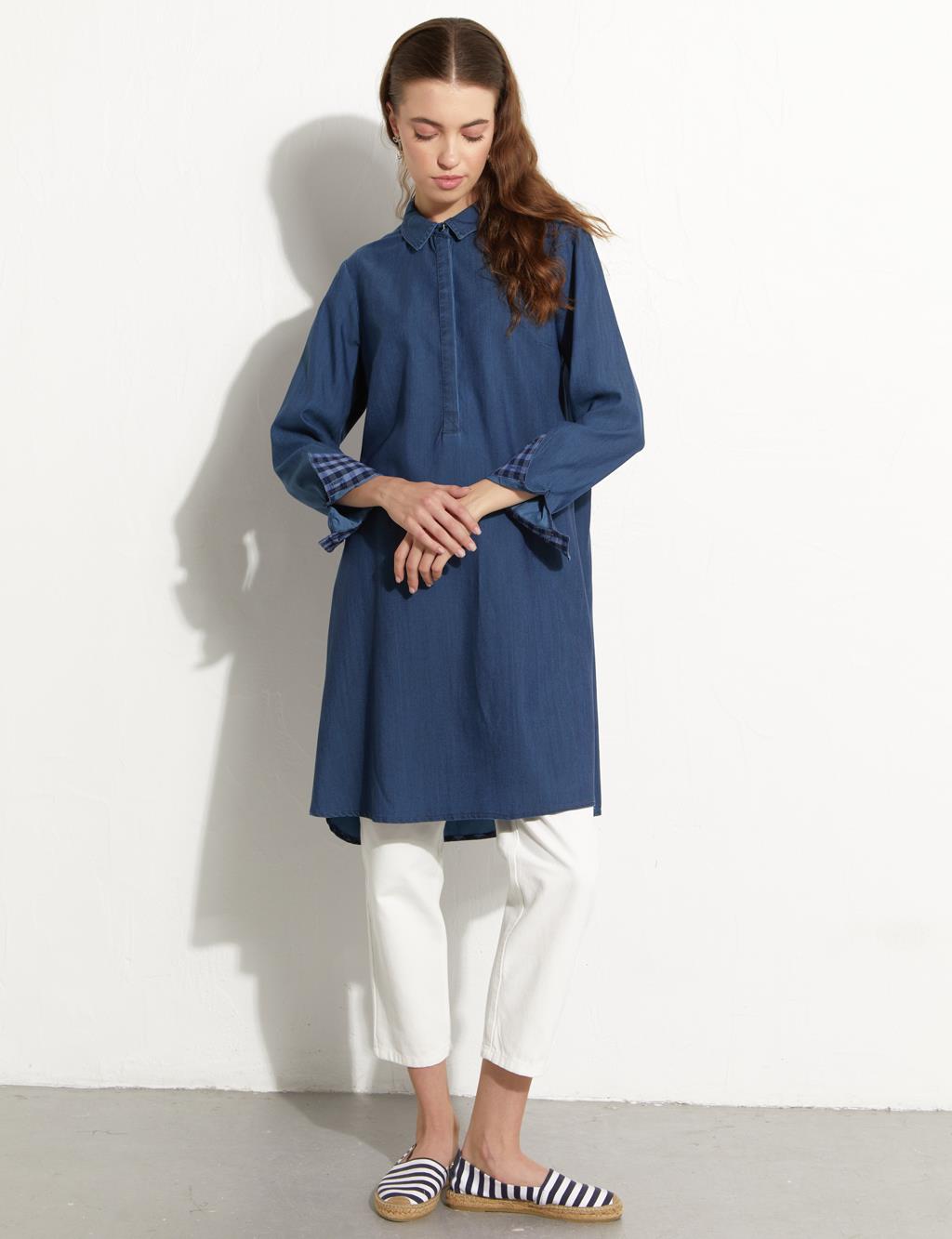 Yarım Patlı Denim Tunik Lacivert