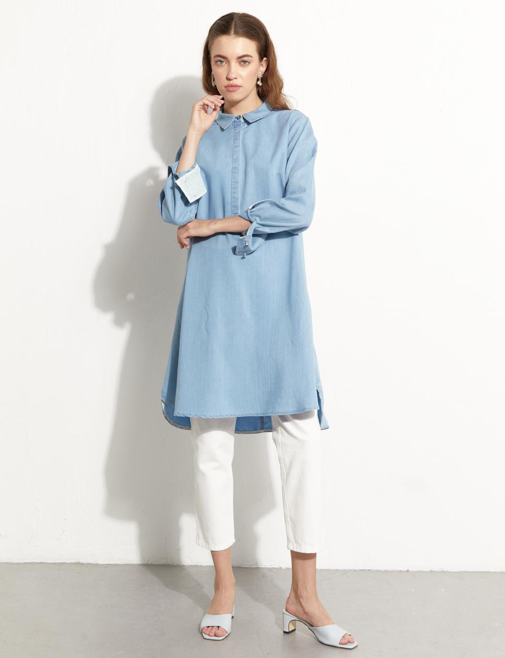 Yarım Patlı Denim Tunik Mavi