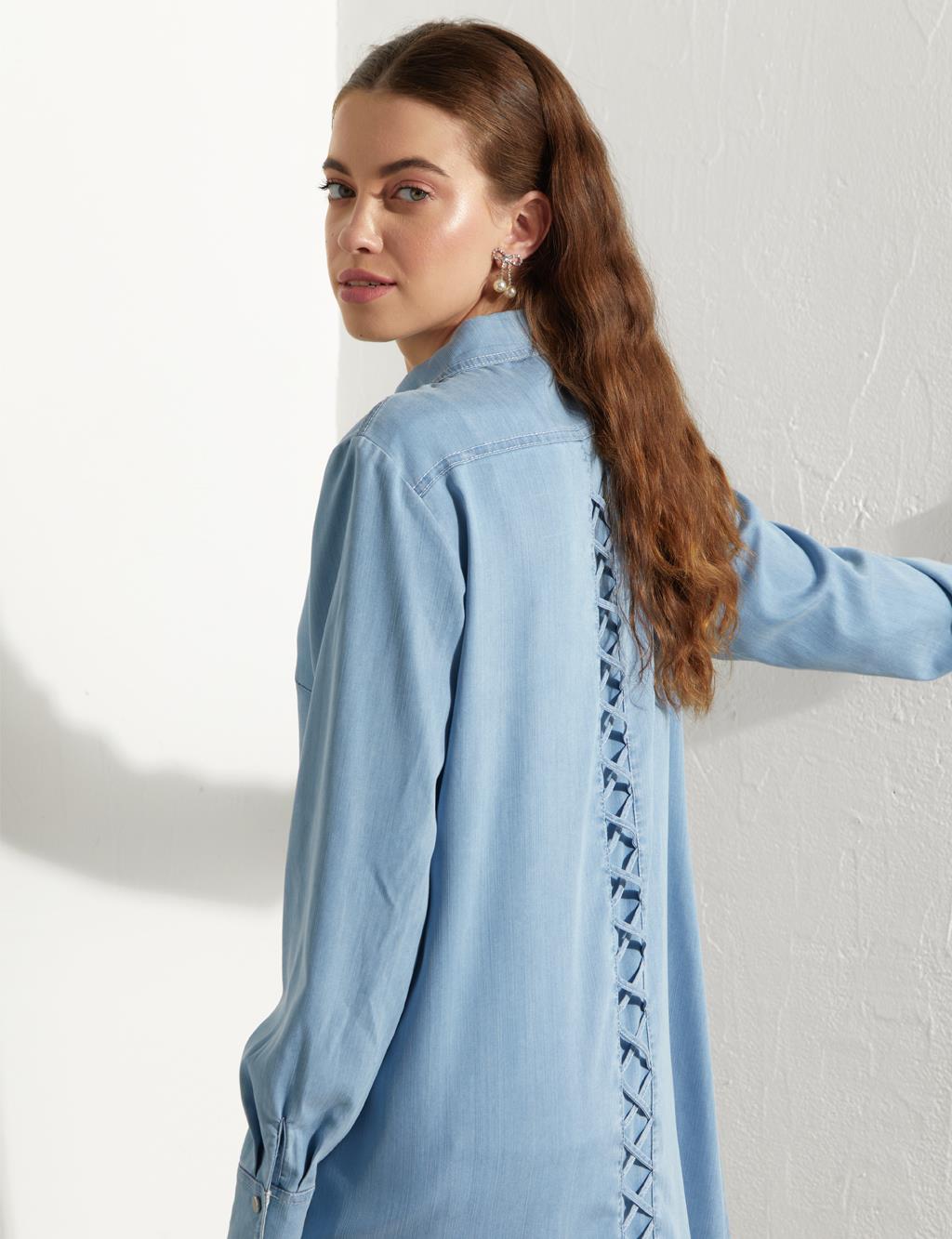 Yarım Patlı Denim Tunik Mavi