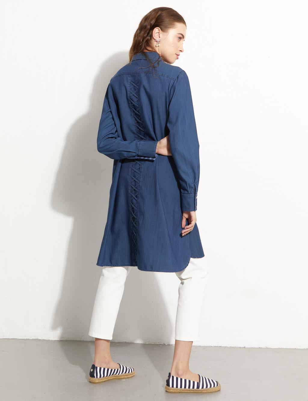 Yarım Patlı Denim Tunik Lacivert