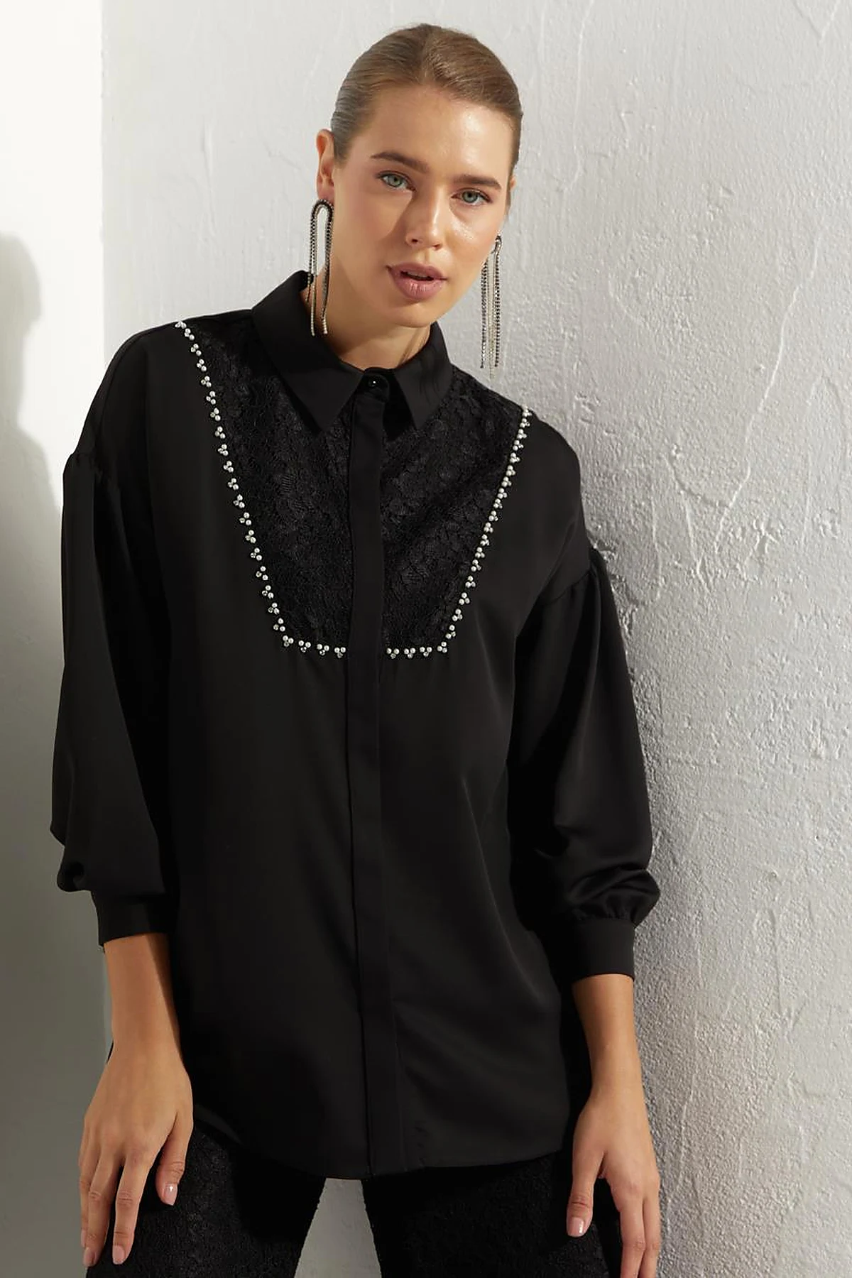 Hidden Placket Lacy Tunic Black