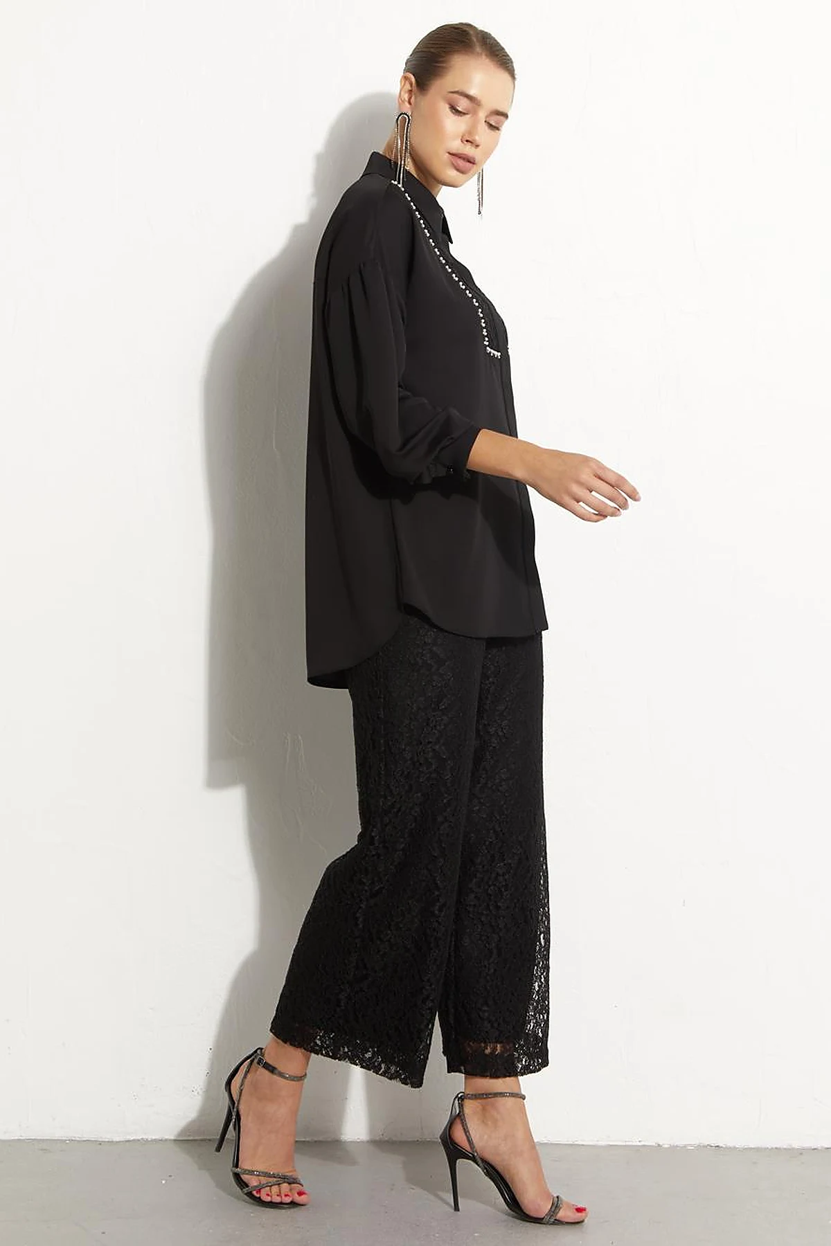 Hidden Placket Lacy Tunic Black