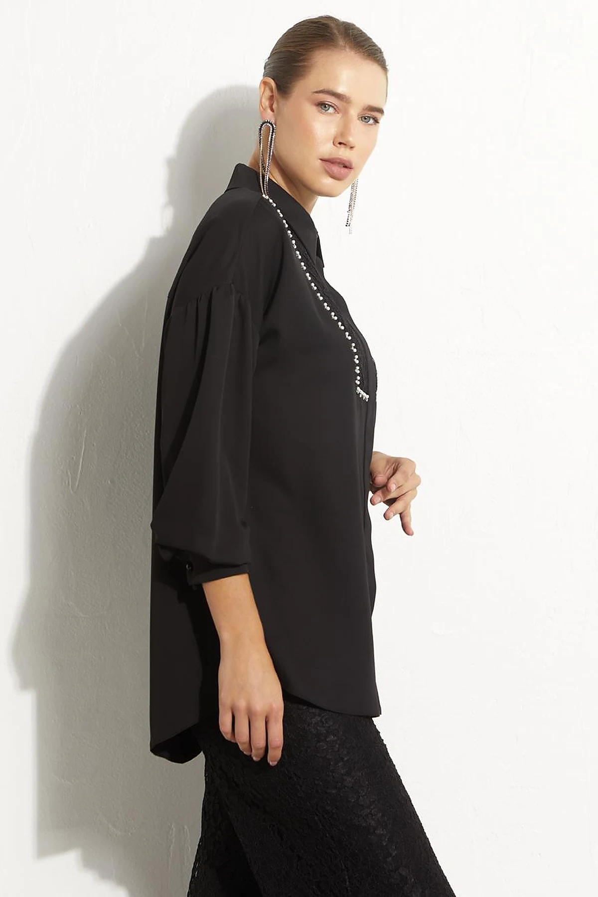 Hidden Placket Lacy Tunic Black