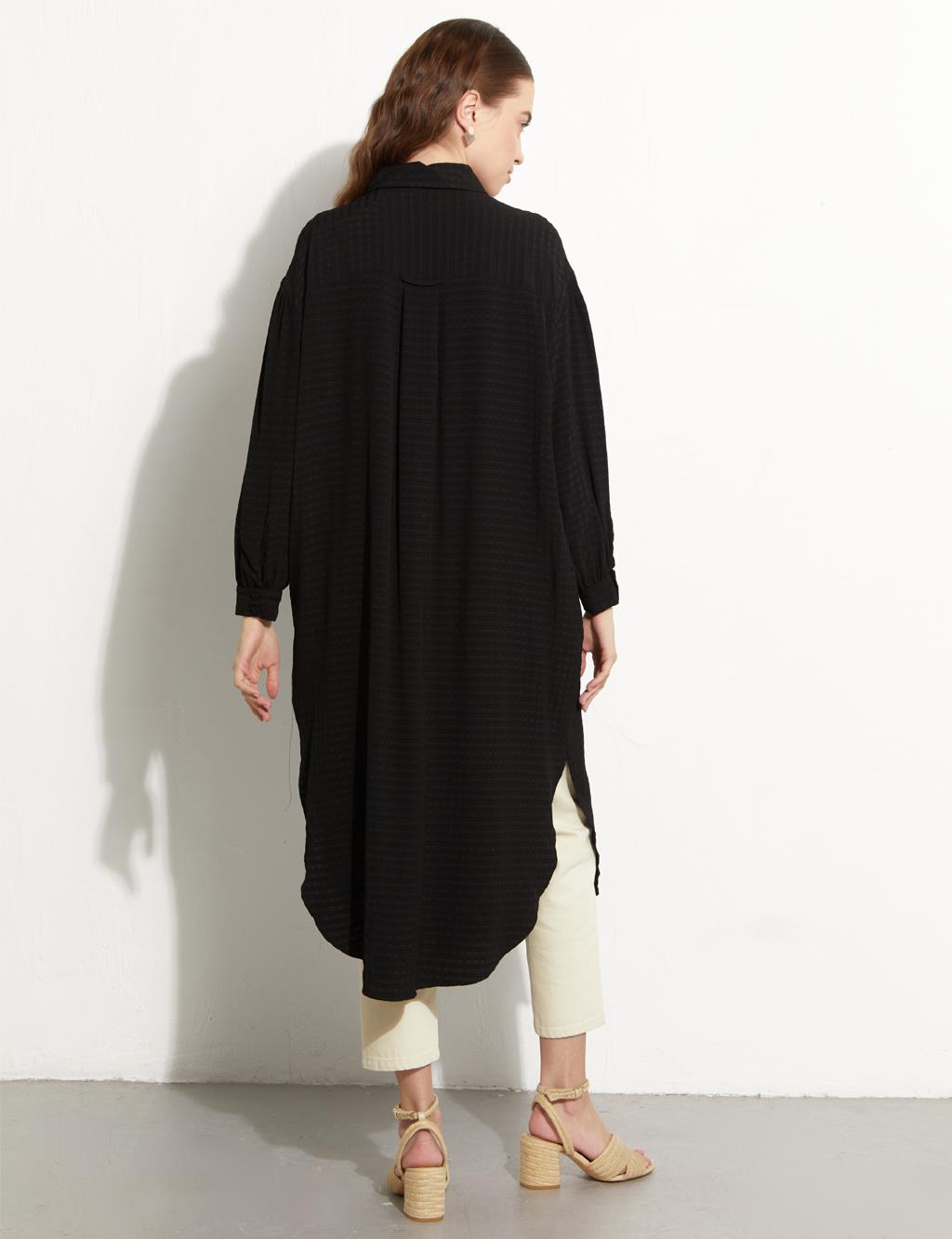 Embroidered Pocket Detailed Long Tunic Black