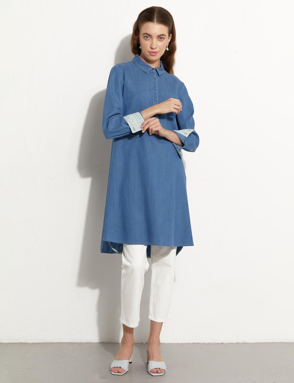 Yarım Patlı Denim Tunik İndigo