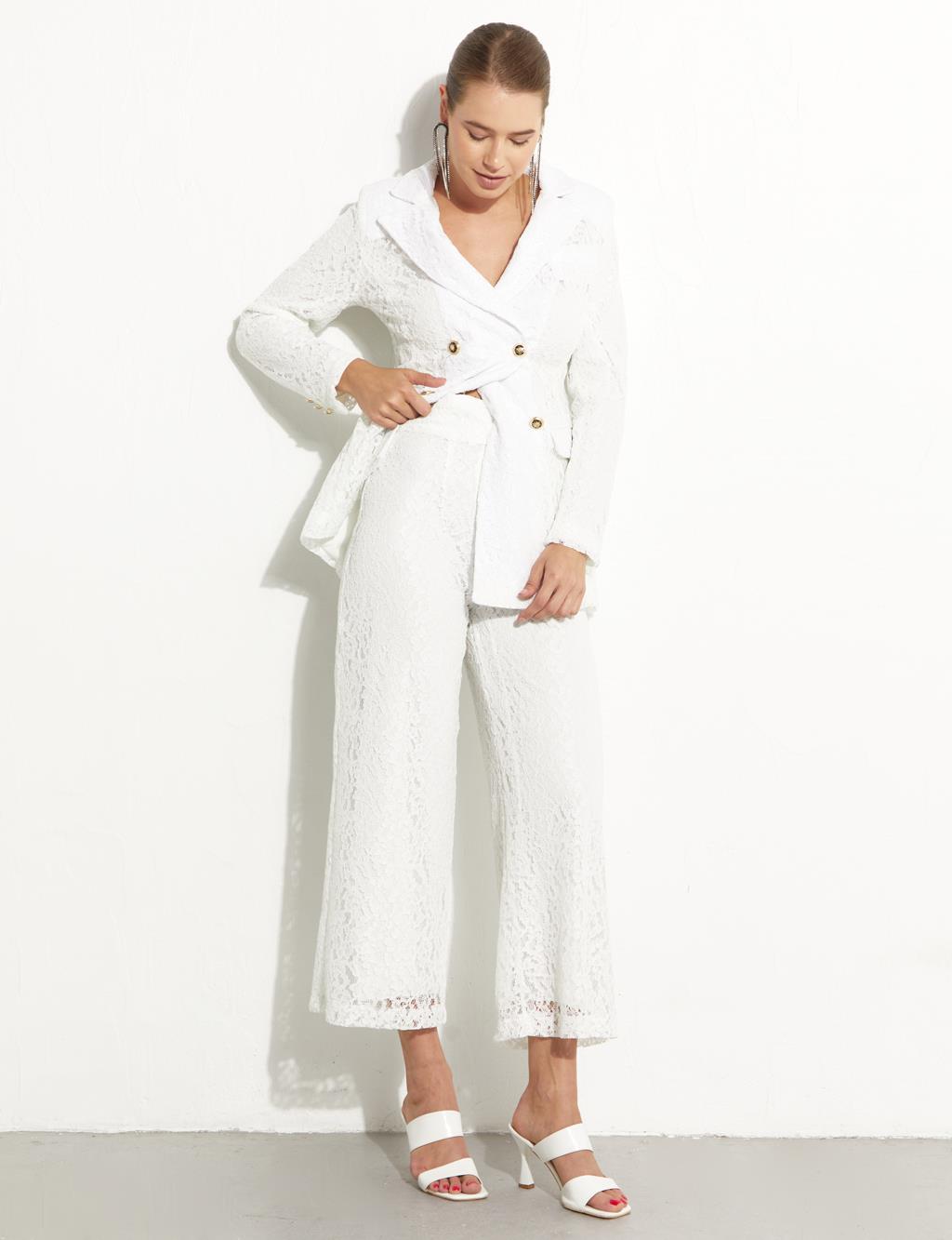 Dantelli Ceket Pantolon İkili Takım Beyaz