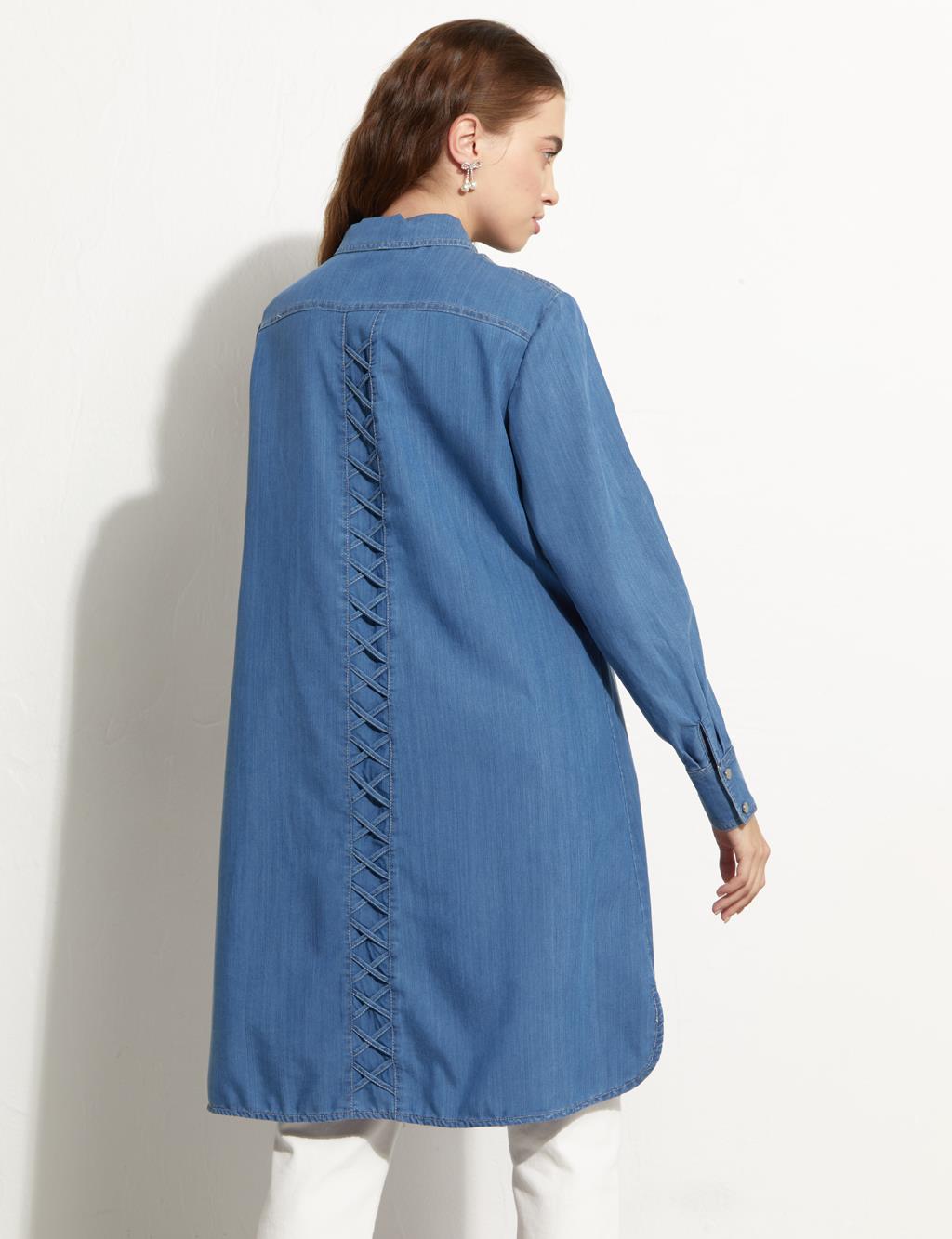 Yarım Patlı Denim Tunik İndigo