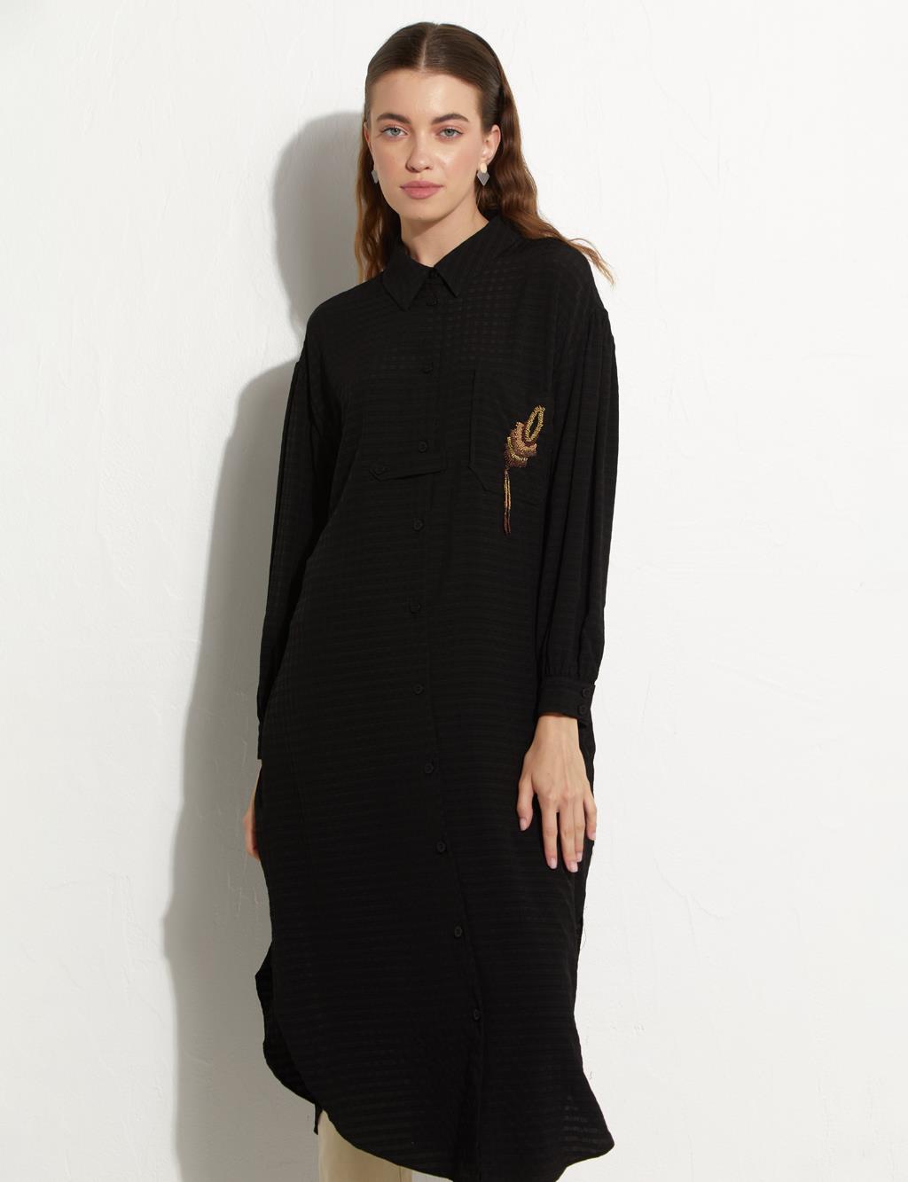 Embroidered Pocket Detailed Long Tunic Black