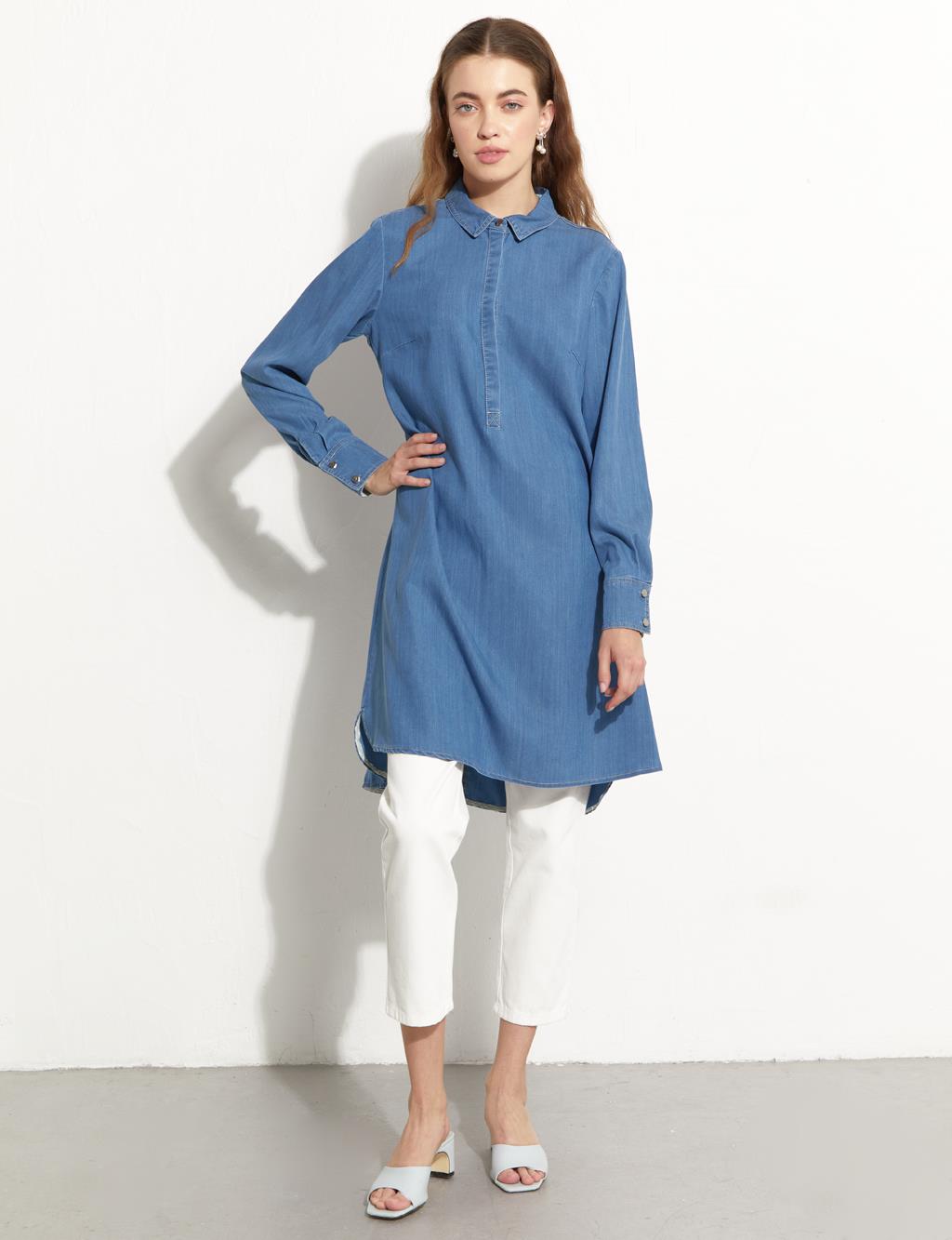 Yarım Patlı Denim Tunik İndigo