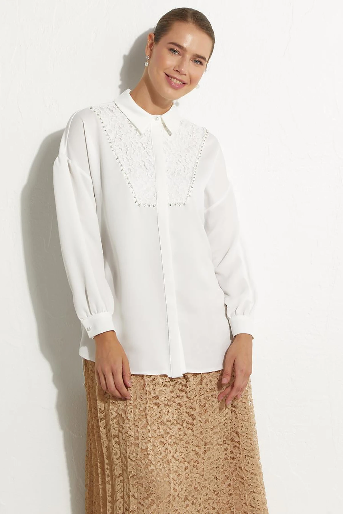 Hidden Placket Lacy Tunic Ecru