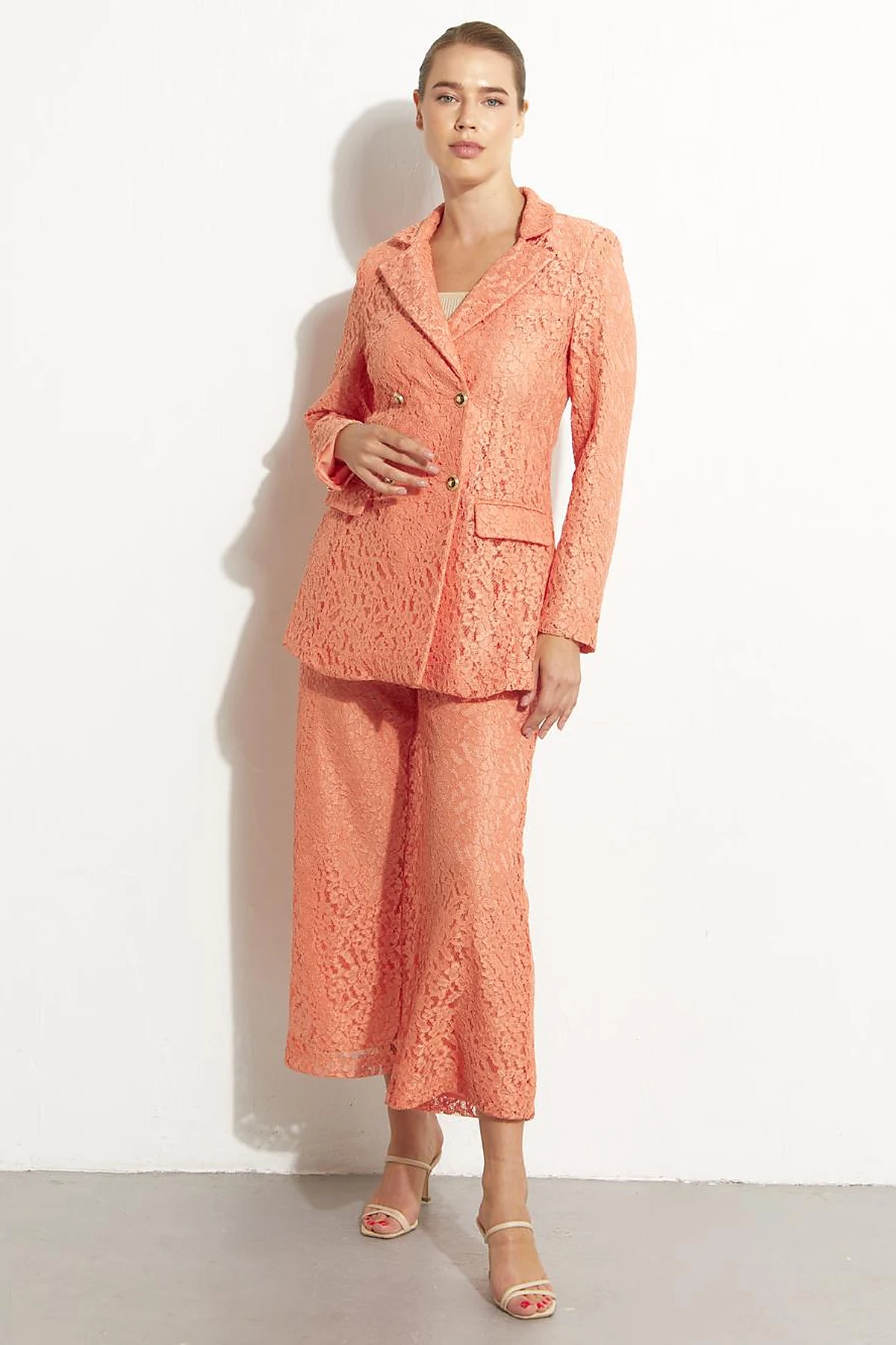 Dantelli Ceket Pantolon İkili Takım Şeftali