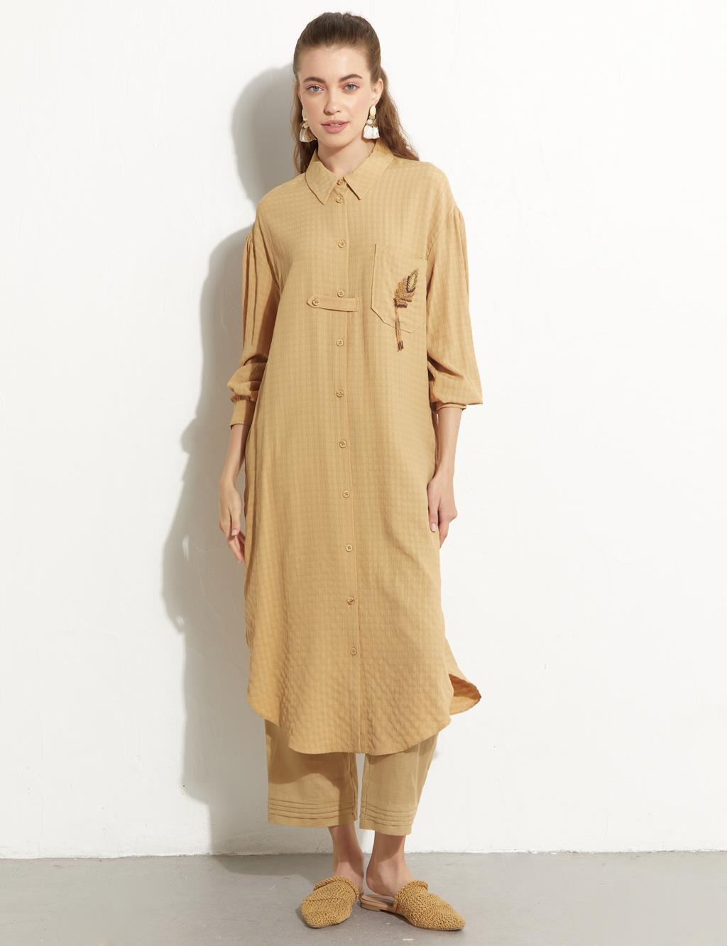 Embroidered Pocket Detailed Long Tunic Beige