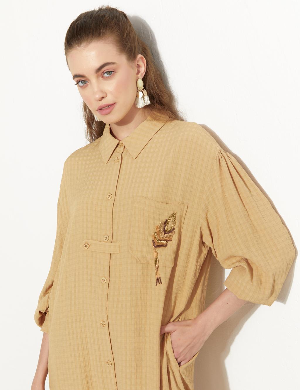 Embroidered Pocket Detailed Long Tunic Beige
