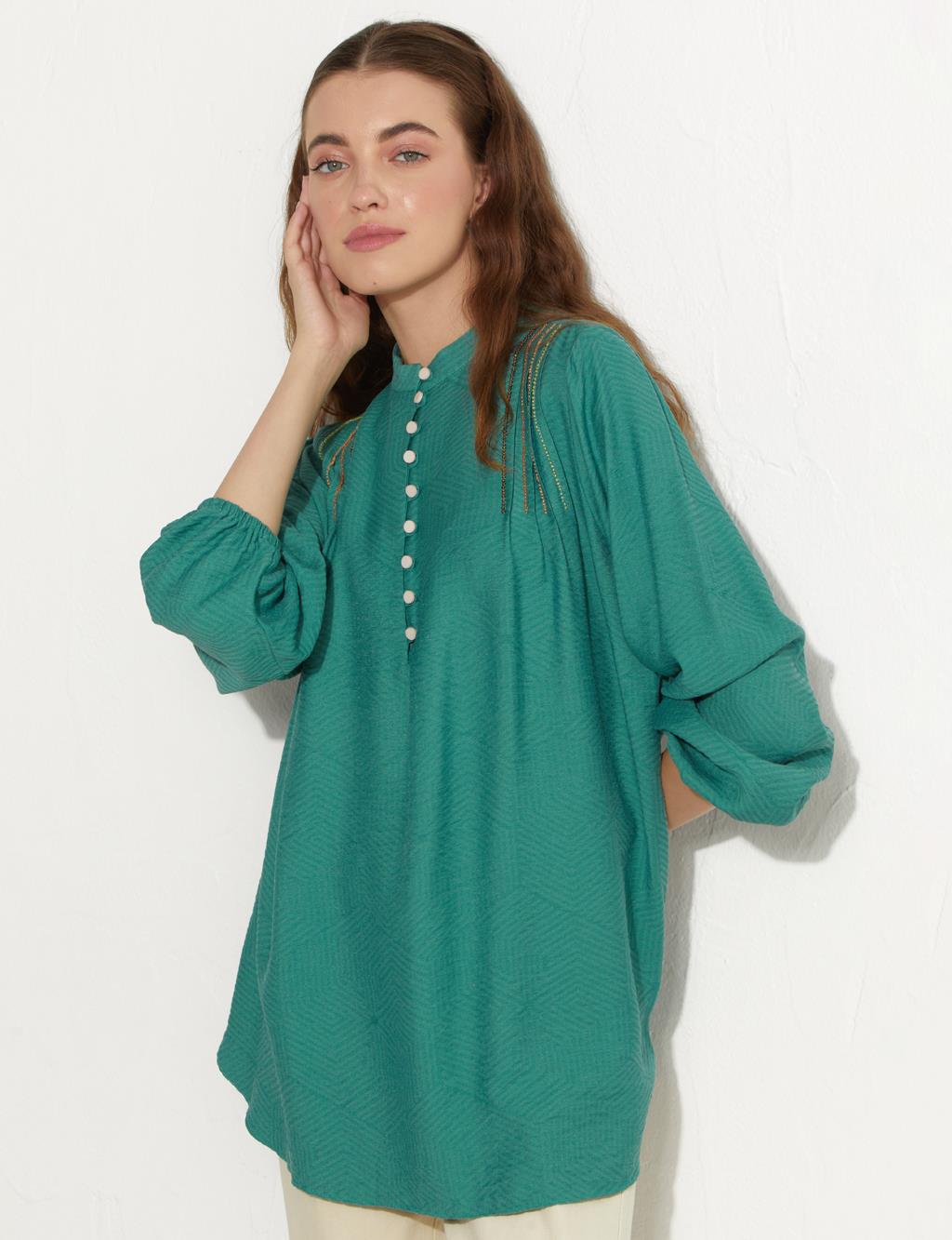 Embroidered Grandad Collar Tunic Nile Green