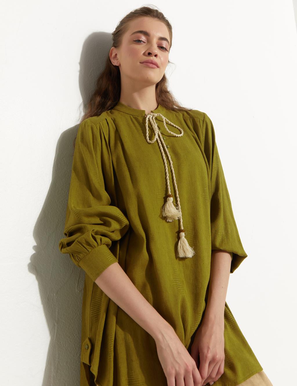 Laced Collar Embossed Tunic Mustard