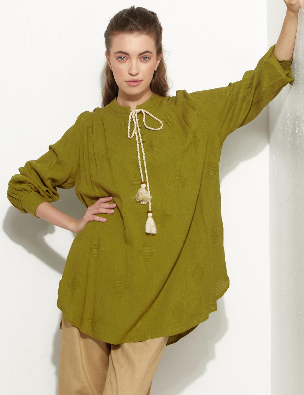 Laced Collar Embossed Tunic Mustard