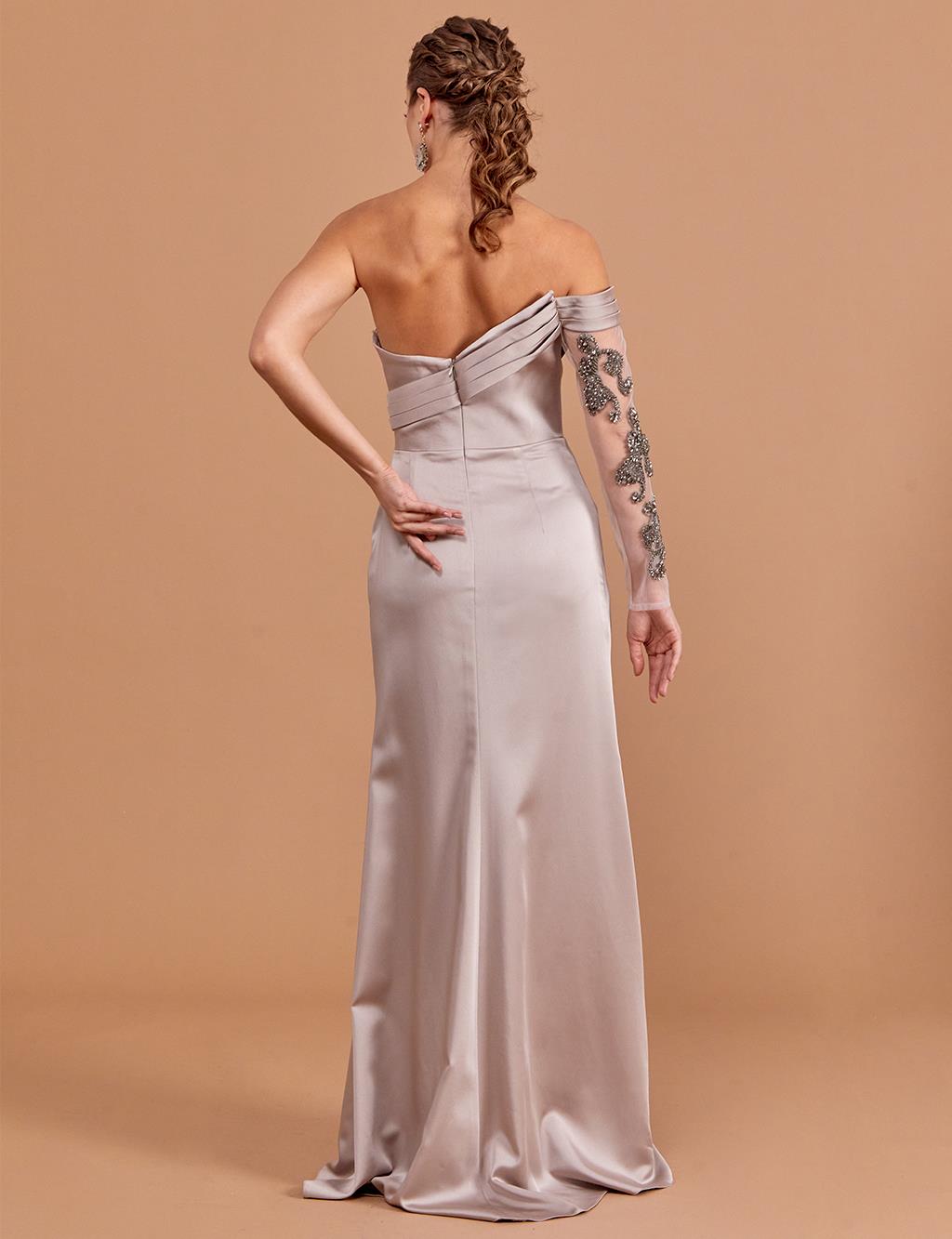 Embroidered Strapless Evening Dress Stone