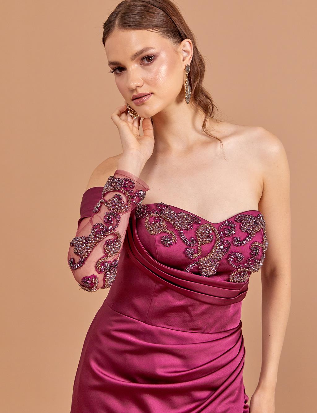 Embroidered Strapless Evening Dress Purple