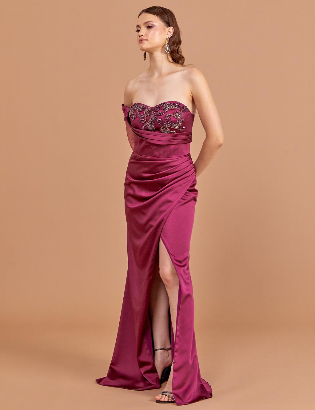 Embroidered Strapless Evening Dress Purple