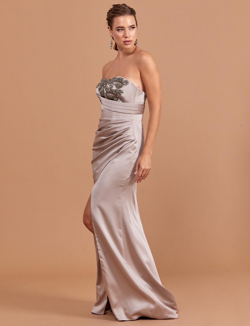 Embroidered Strapless Evening Dress Stone