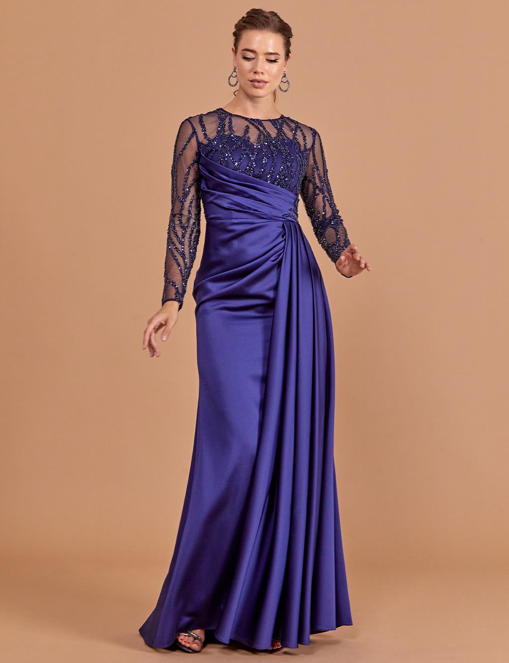 Draped Illusion Collar Evening Dress Navy