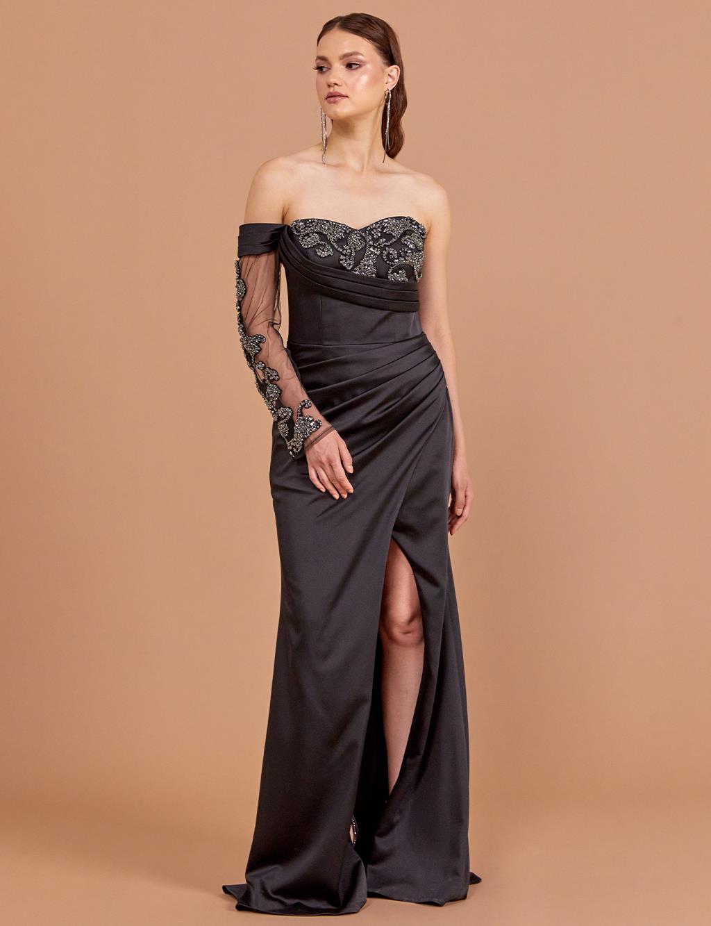 Embroidered Strapless Evening Dress Black