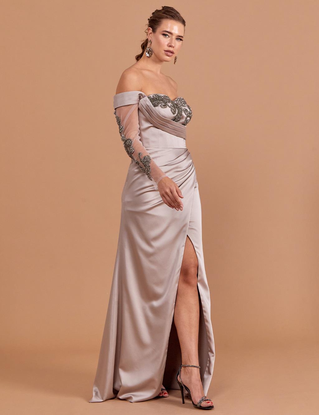 Embroidered Strapless Evening Dress Stone