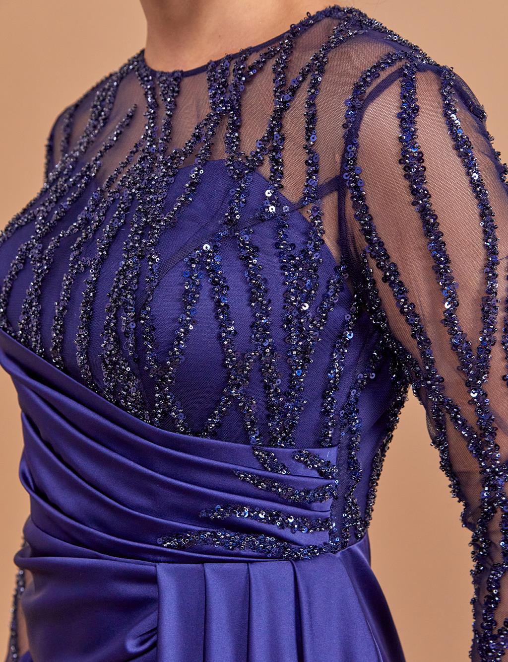 Draped Illusion Collar Evening Dress Navy