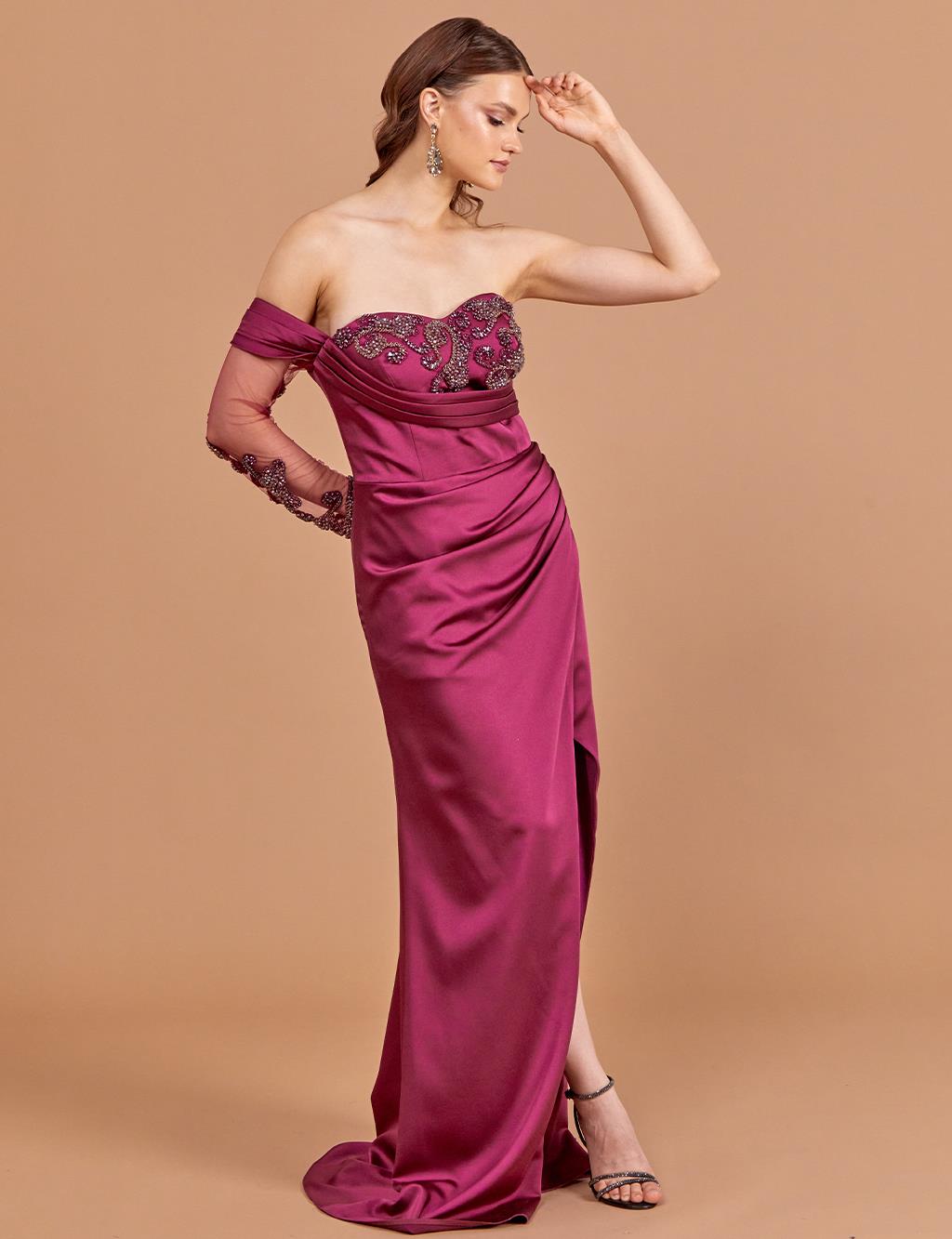 Embroidered Strapless Evening Dress Purple