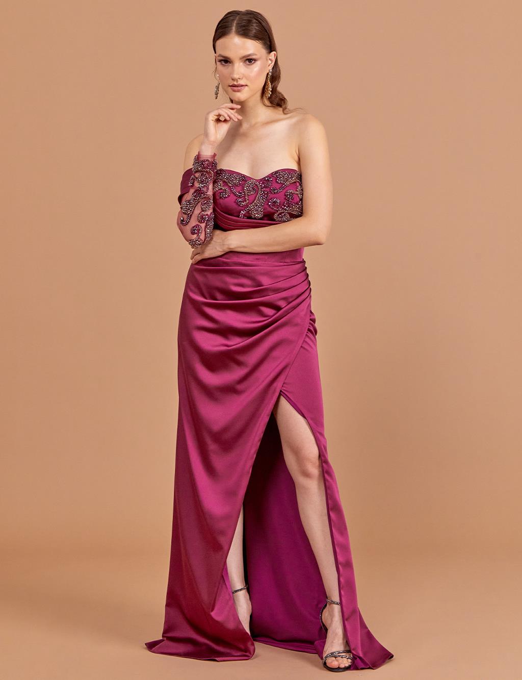 Embroidered Strapless Evening Dress Purple
