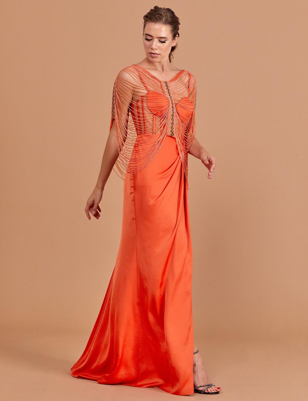 Bead Embroidered Bolero Evening Dress Orange