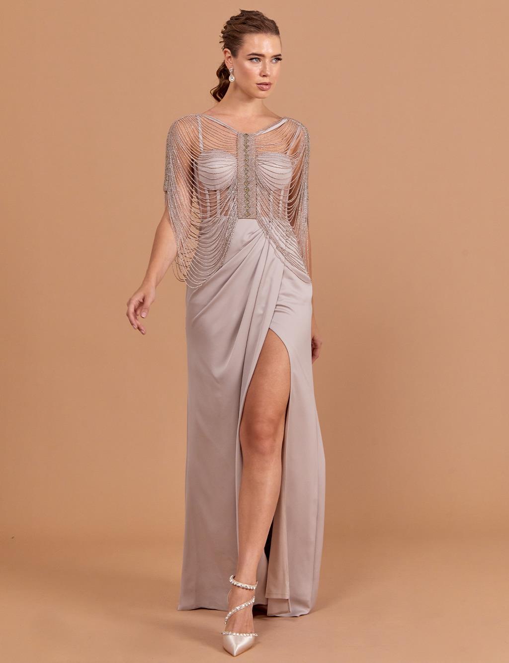 Bead Embroidered Bolero Evening Dress Stone