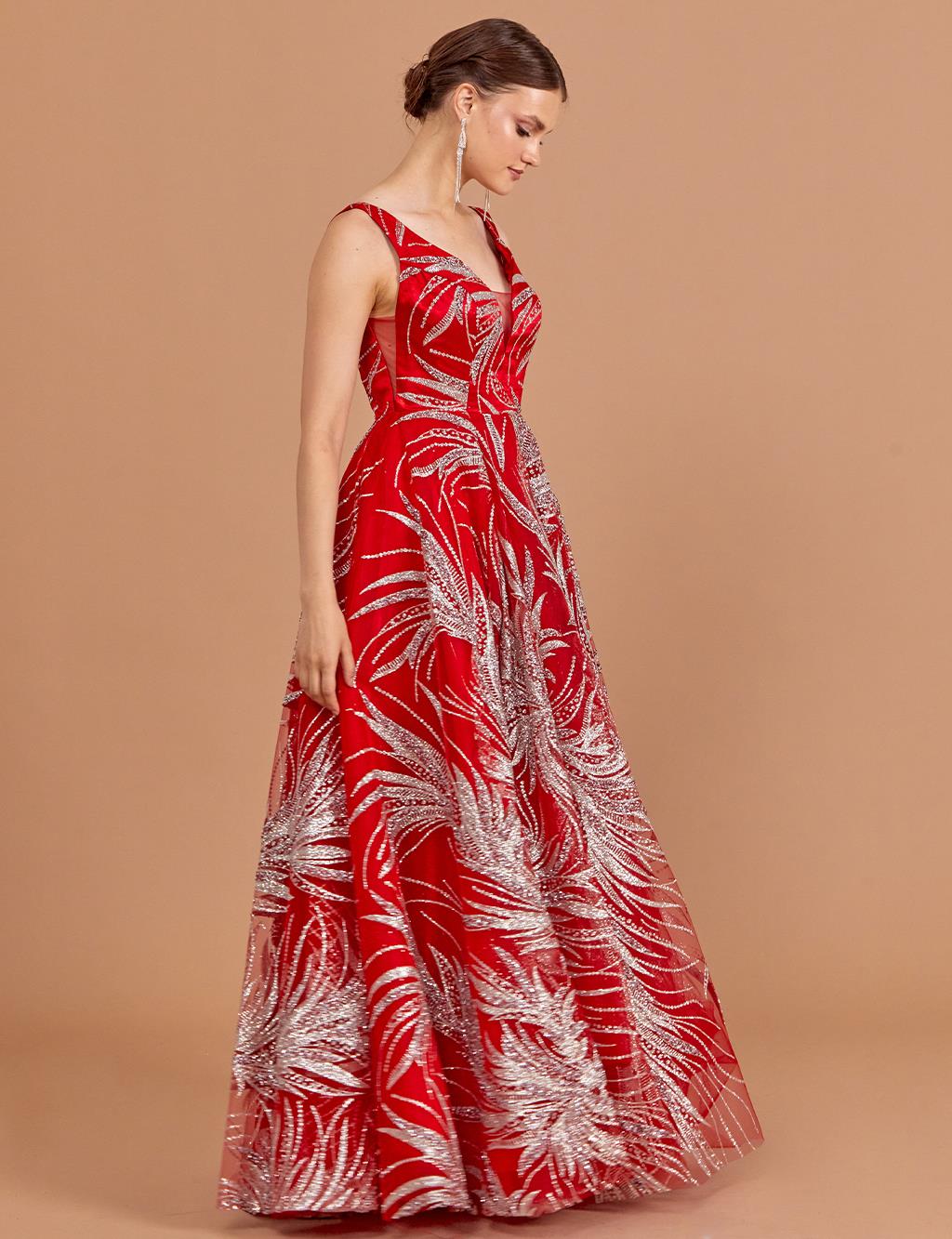 Strap V Neck Evening Dress Red