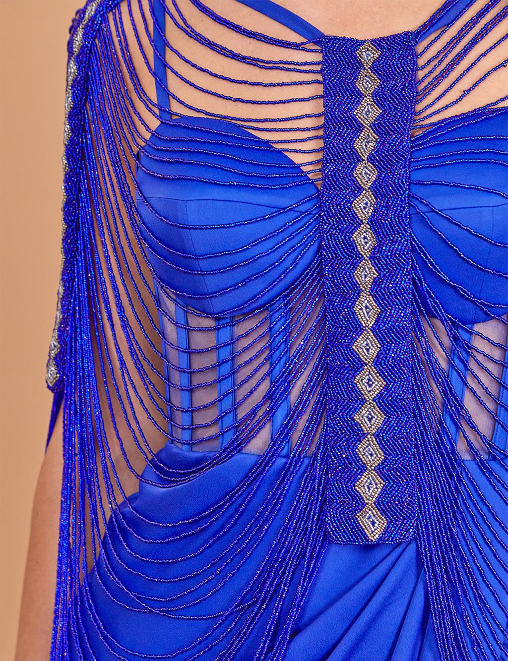 Bead Embroidered Bolero Evening Dress Sax