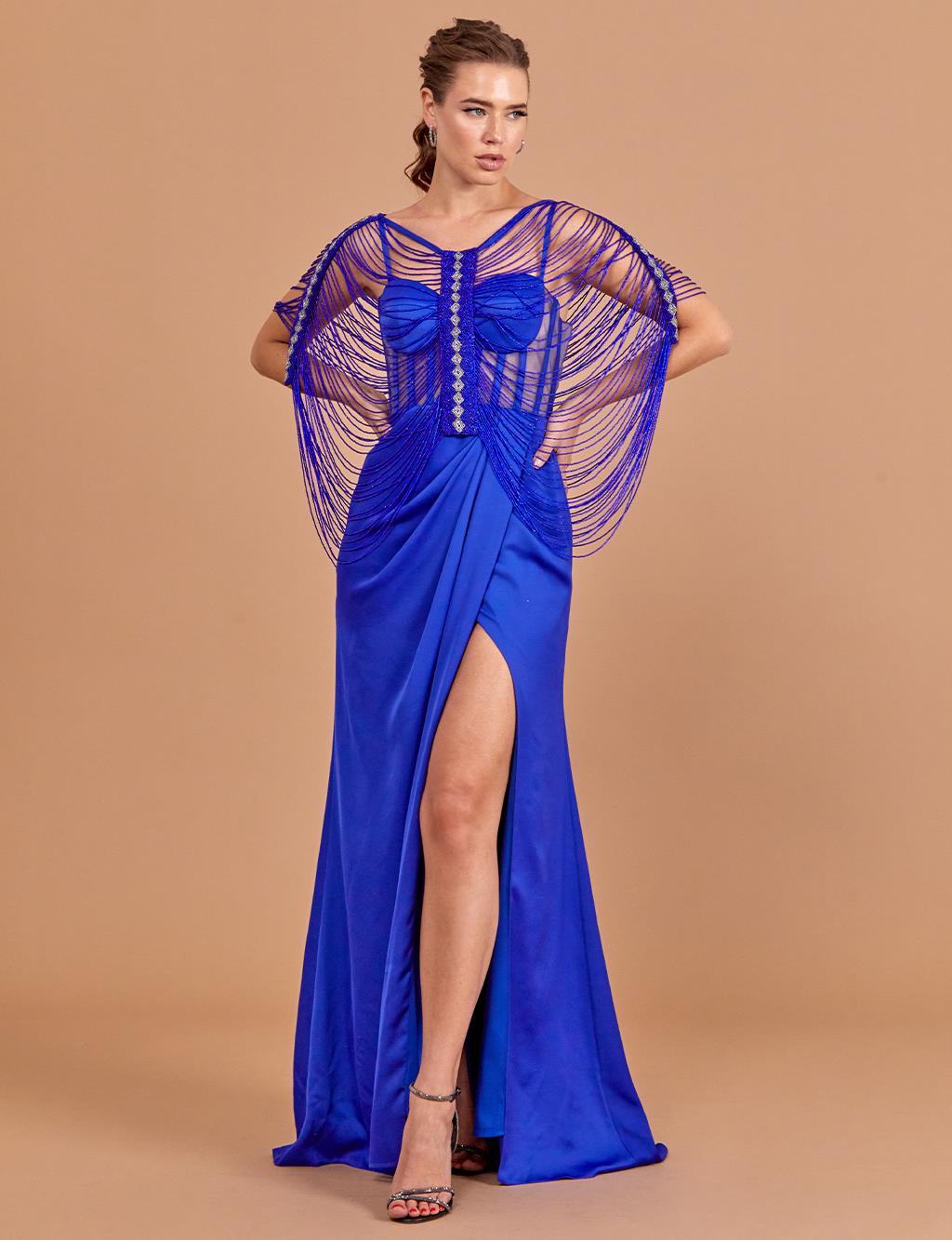 Bead Embroidered Bolero Evening Dress Sax