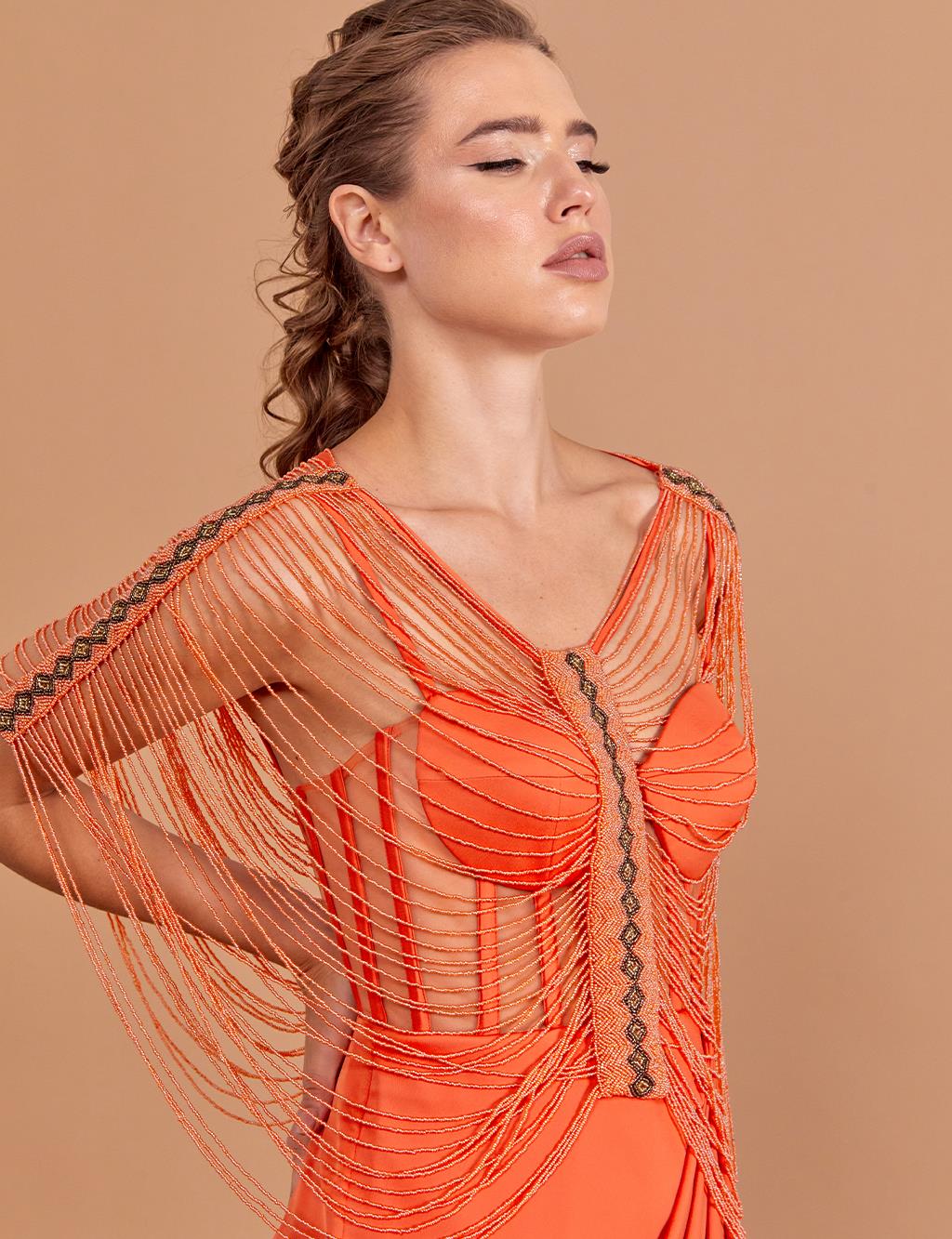 Bead Embroidered Bolero Evening Dress Orange