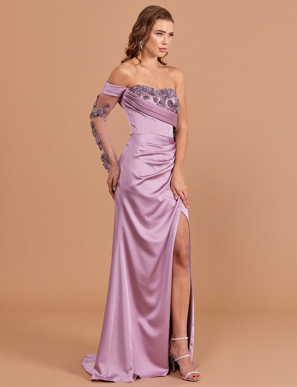 Embroidered Strapless Evening Dress Lilac