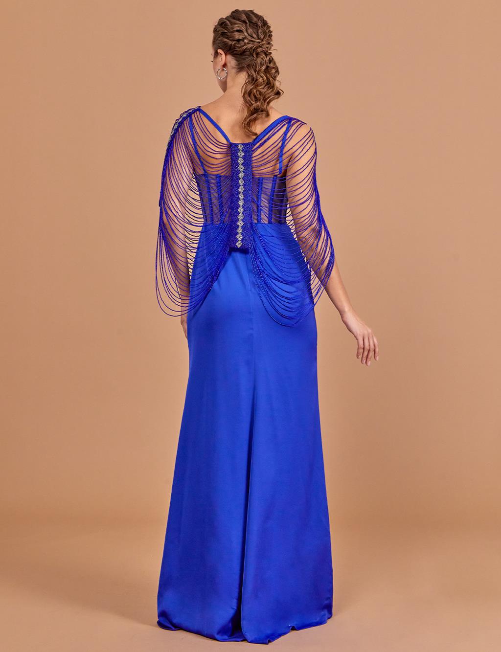 Bead Embroidered Bolero Evening Dress Sax