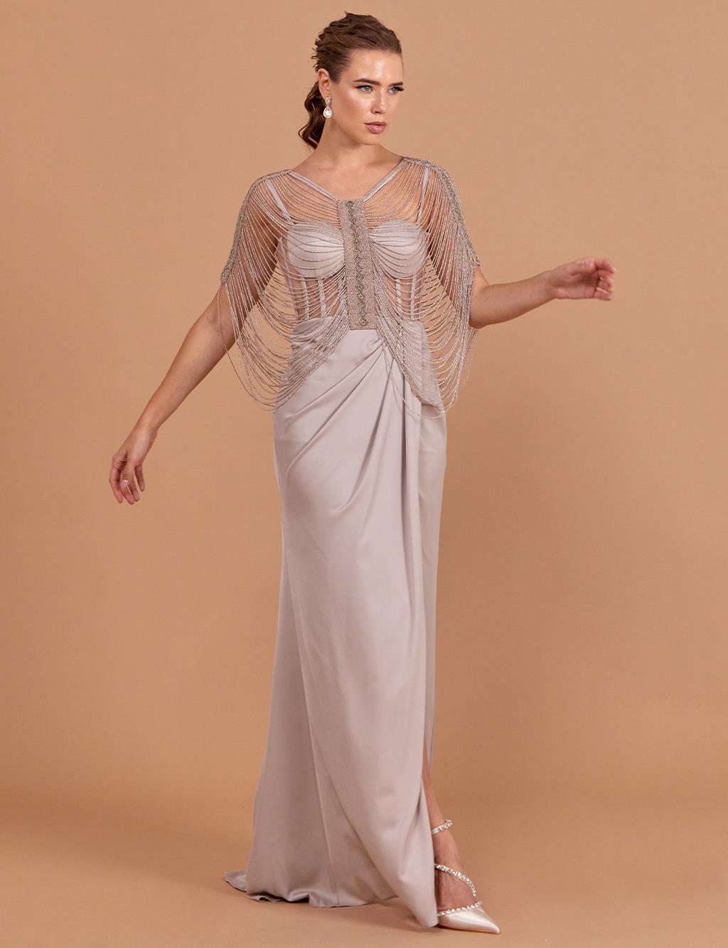 Bead Embroidered Bolero Evening Dress Stone