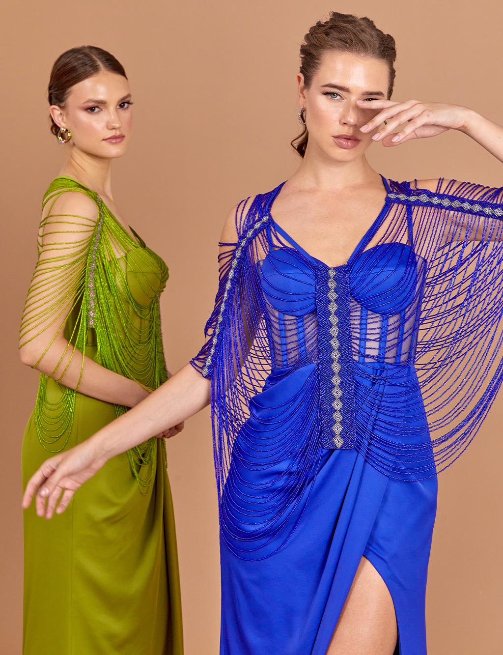 Bead Embroidered Bolero Evening Dress Sax