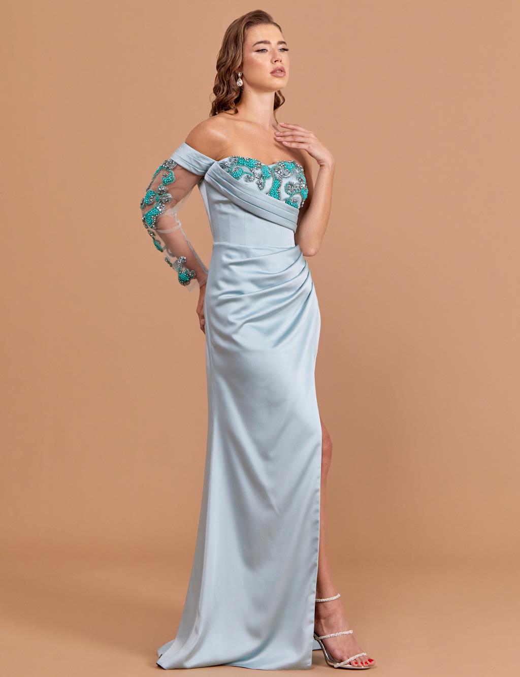 Embroidered Strapless Evening Dress Aqua Green
