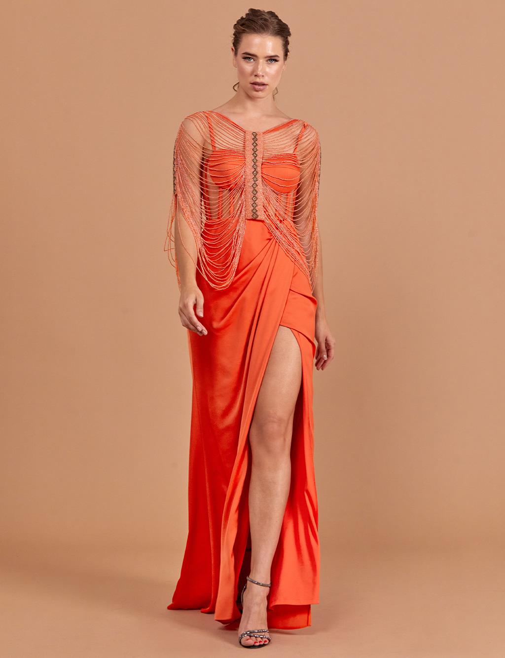Bead Embroidered Bolero Evening Dress Orange