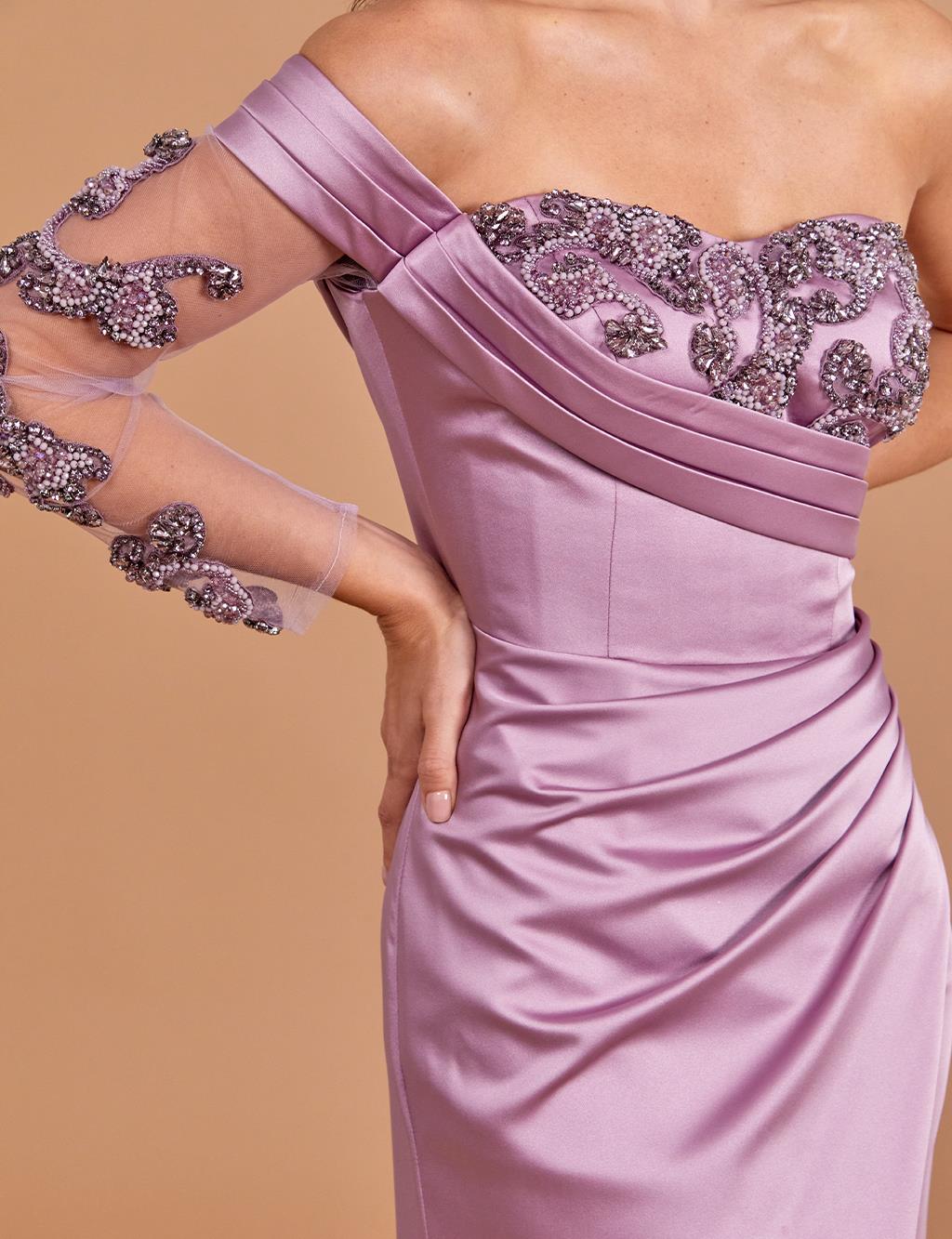 Embroidered Strapless Evening Dress Lilac