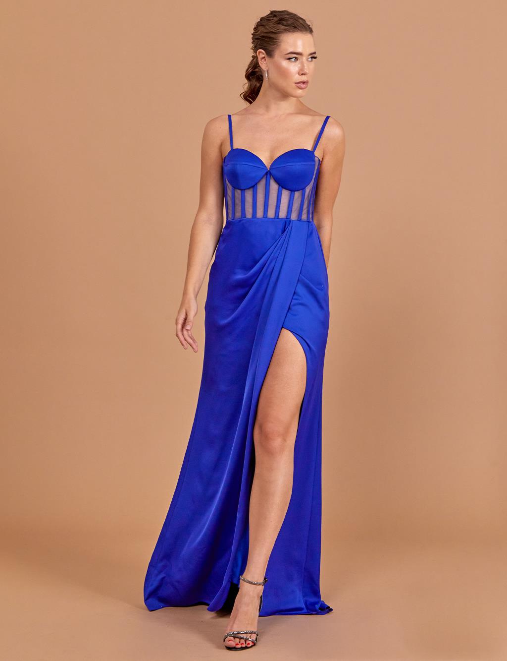 Bead Embroidered Bolero Evening Dress Sax