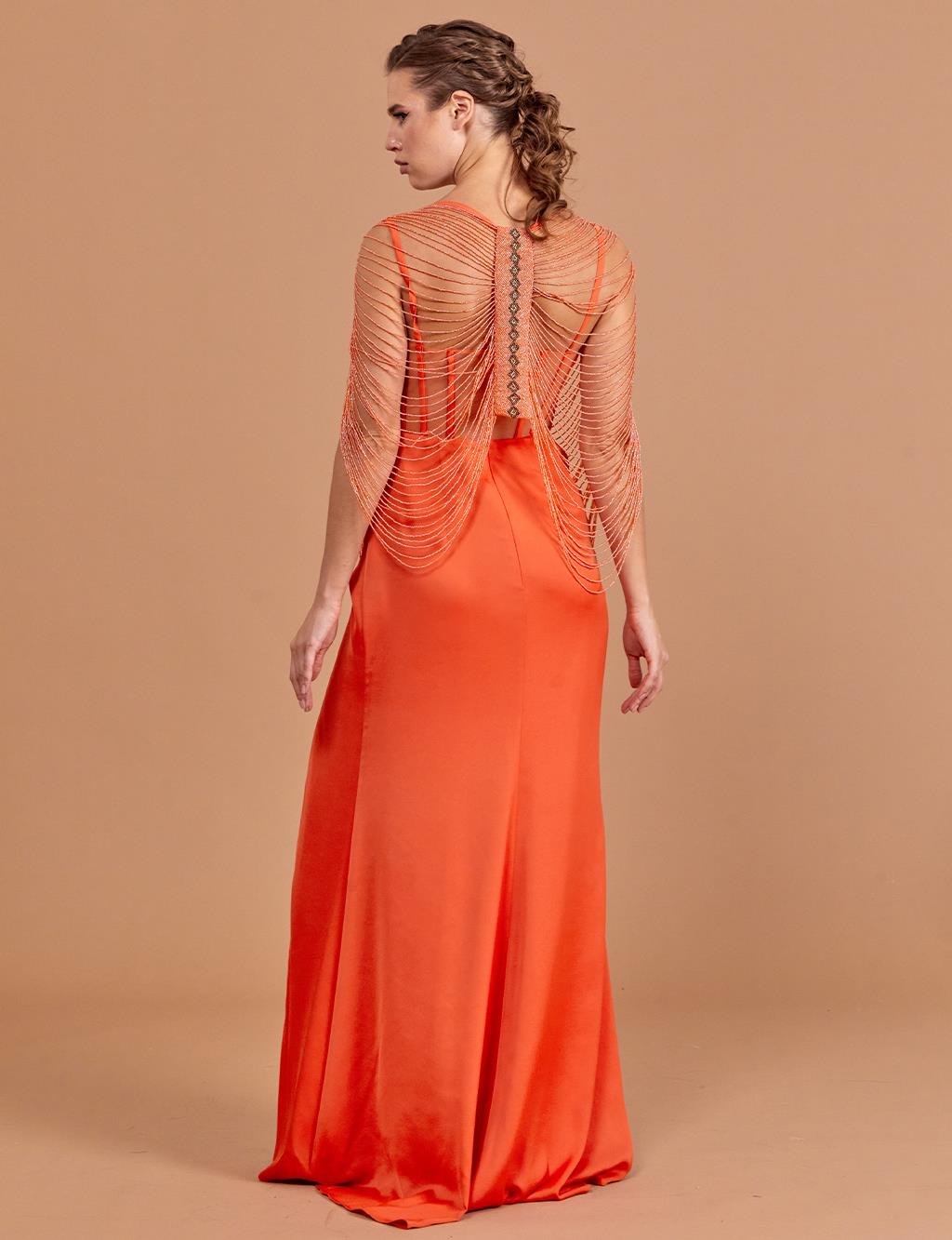 Bead Embroidered Bolero Evening Dress Orange