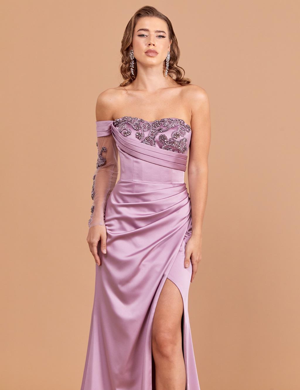 Embroidered Strapless Evening Dress Lilac