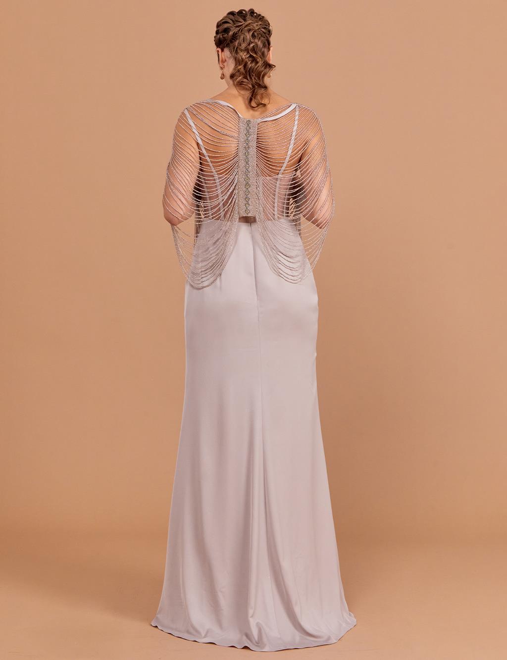 Bead Embroidered Bolero Evening Dress Stone