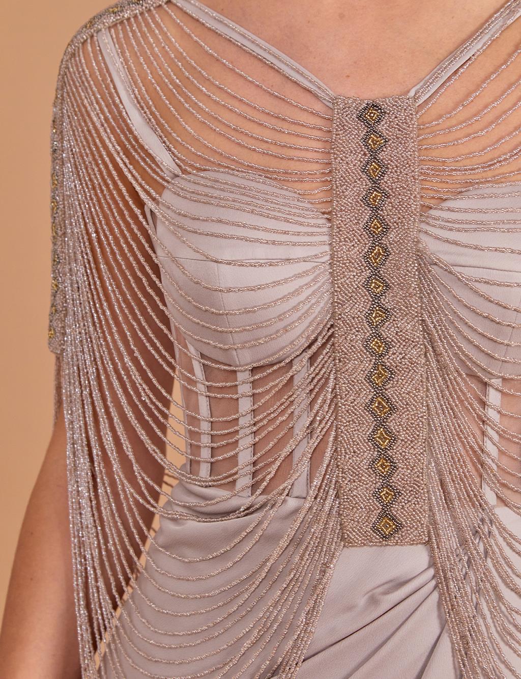 Bead Embroidered Bolero Evening Dress Stone