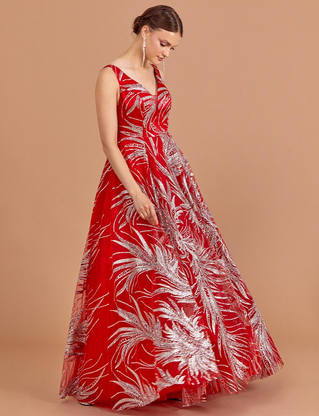 Strap V Neck Evening Dress Red