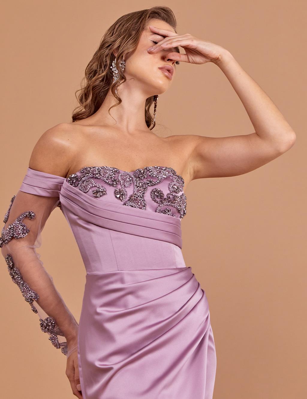 Embroidered Strapless Evening Dress Lilac